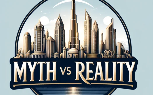 DALL·E 2024 06 04 16.39.04 – The text ‘MYTH vs REALITY’ in an elegant, formal font with the Dubai skyline in the background. The skyline should be detailed, featuring iconic build - Dubai Real Estate