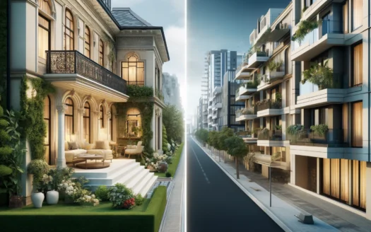 DALL·E 2024 06 06 16.57.53 – A hyper realistic image split in half. On the left side, there is a luxurious villa with a beautiful garden, large windows, and an elegant design, sho - 4Front Realty Dubai