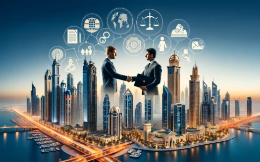 DALL·E 2024 06 10 11.25.09 – A modern cityscape of Dubai highlighting real estate elements. Show iconic Dubai skyscrapers, documents, legal symbols like scales of justice, and a h - Dubai Real Estate