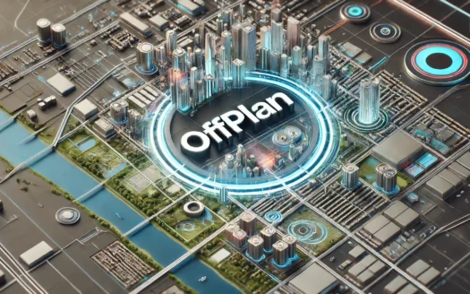 DALL·E 2024 06 14 12.04.19 – A futuristic map with the word ‘OFFPLAN’ prominently displayed. The map features advanced city planning elements, including modern buildings and infra - 4Front Realty Dubai