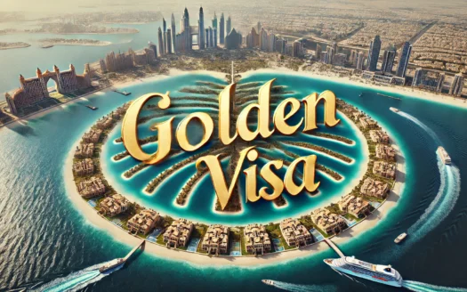 DALL·E 2024 06 19 11.34.41 – An aerial view of Palm Jumeirah with the text ‘Golden Visa’ in an elegant golden font overlaying the image. The scene should showcase the palm shaped - Dubai Property