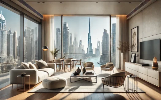 DALL·E 2024 06 21 09.44.58 – A modern, clean apartment in Dubai with a large window showcasing a stunning view of the Burj Khalifa. The interior is minimalist with sleek, stylish - Dubai Real Estate