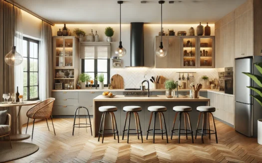 DALL·E 2024 06 24 16.53.28 – A cozy home interior with a modern kitchen design. The kitchen features sleek cabinetry, a spacious island with bar stools, modern appliances, and pen - 4Front Realty Dubai