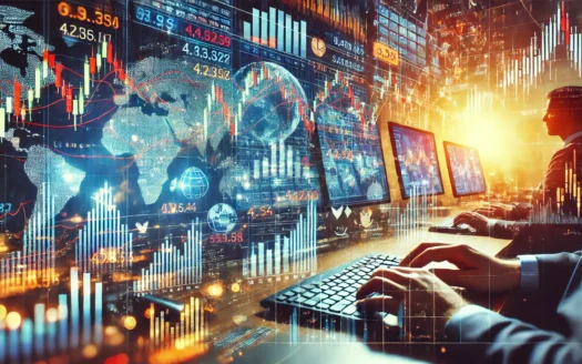 DALL·E 2024 06 26 13.51.54 – A vibrant stock market scene with digital stock tickers and charts. The image should include traders analyzing data on screens, dynamic graphs showing - 4Front Realty Dubai