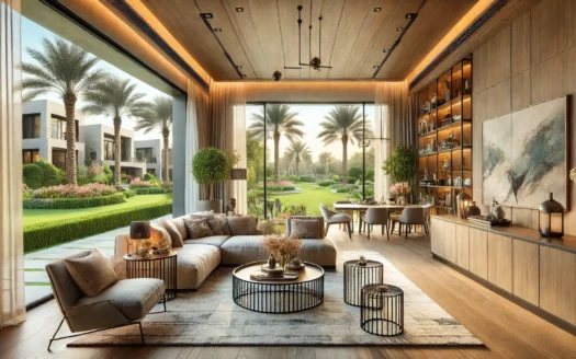 DALL·E 2024 06 28 11.53.50 – Create an interior shot of a modern villa in Arabian Ranches, Dubai. The image should showcase a spacious and luxurious living room with contemporary - Dubai Real Estate