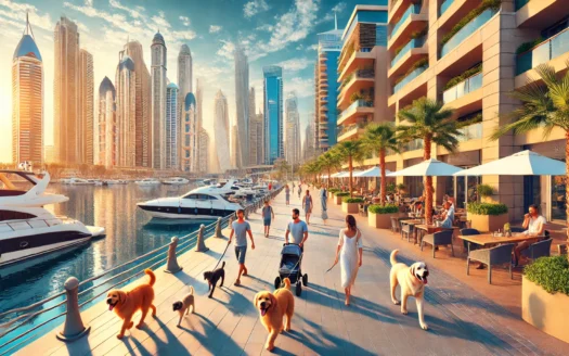 DALL·E 2024 07 01 12.18.31 – A vibrant, sunlit landscape of Dubai Marina with modern skyscrapers and luxurious yachts along the waterfront. The promenade is bustling with people c - Dubai Property