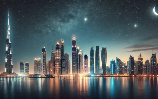 DALL·E 2024 07 03 10.56.46 – A stunning night image of the Dubai skyline in landscape size, featuring illuminated skyscrapers, reflections on the water, and a clear night sky with - Dubai Real Estate