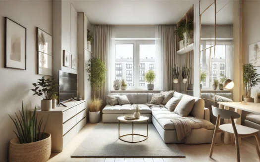 DALL·E 2024 07 05 12.24.04 – A modern, stylish small living room designed to appear more spacious. The room features light colored walls, large windows letting in natural light, m - 4Front Realty Dubai