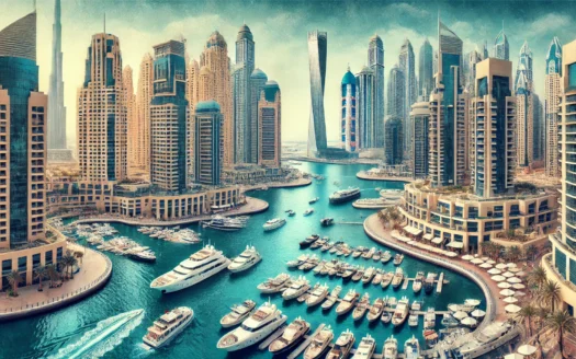 DALL·E 2024 07 13 11.03.19 – Create a daytime view of Dubai Marina with yachts and high rise buildings. The image should showcase the bustling marina filled with luxurious yachts, - Dubai Property
