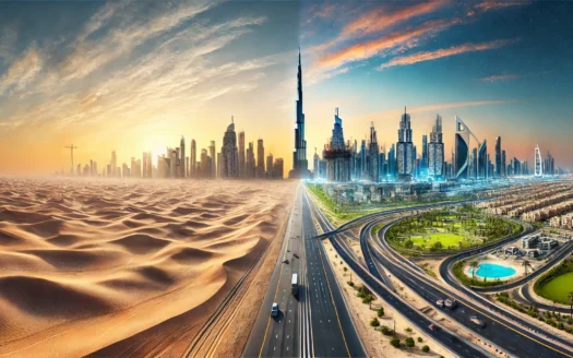 DALL·E 2024 07 22 15.40.48 – Create another captivating landscape blog image that represents the evolution of Dubai’s real estate from desert sand to a modern skyline. The image s - Dubai Real Estate