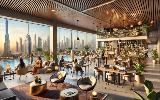 DALL·E 2024 07 24 15.39.52 – A co living space in Dubai with a mix of modern and traditional architectural elements. The interior features a spacious common area with elegant deco - Dubai Real Estate