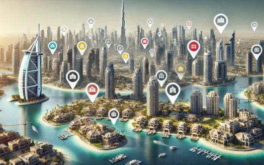 DALL·E 2024 07 31 13.09.09 – A realistic cityscape of Dubai focusing on real estate, featuring a mix of modern skyscrapers, luxury villas, and waterfront properties. The Burj Khal - Dubai Real Estate